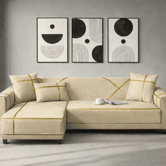 L-Shape Strip Design Velvet Sofa Cover - Beige