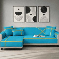 L-Shape Strip Design Velvet Sofa Cover - Cyan