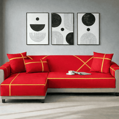L-Shape Strip Design Velvet Sofa Cover - Red