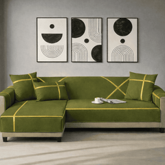 L Shape Velvet Sofa Cover - Olive Green
