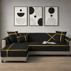 L-Shape Strip Design Velvet Sofa Cover - Black