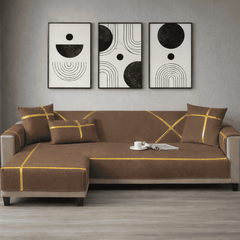 L-Shape Strip Design Velvet Sofa Cover - Brown