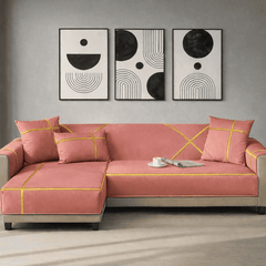 L-Shape Strip Design Velvet Sofa Cover - Rose Gold
