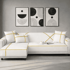 L-Shape Strip Design Velvet Sofa Cover - White
